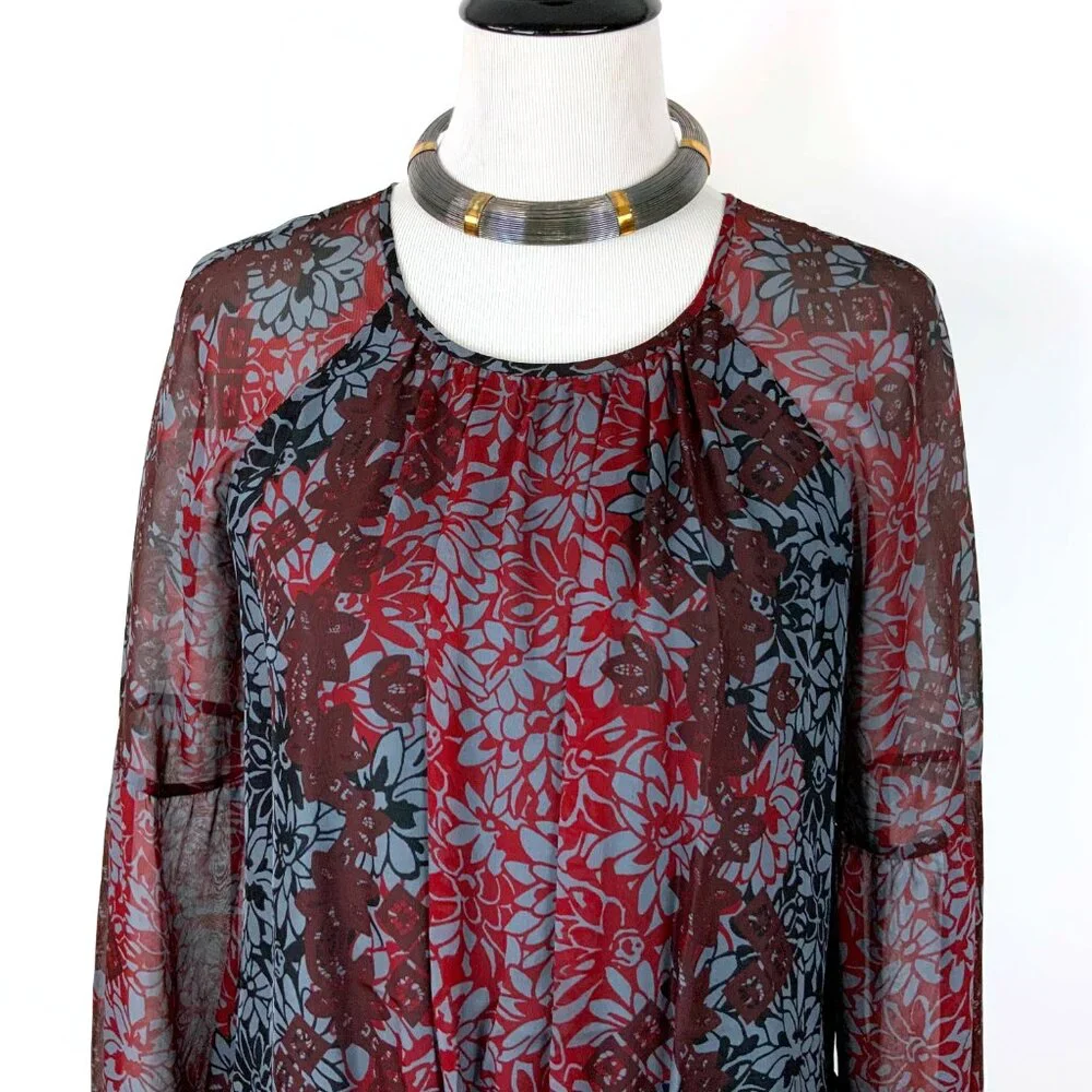 New Cinq a Sept Silk Chiffon Floral Tie Back Peplum Blouse Red Black Sz XS - Picture 6 of 16
